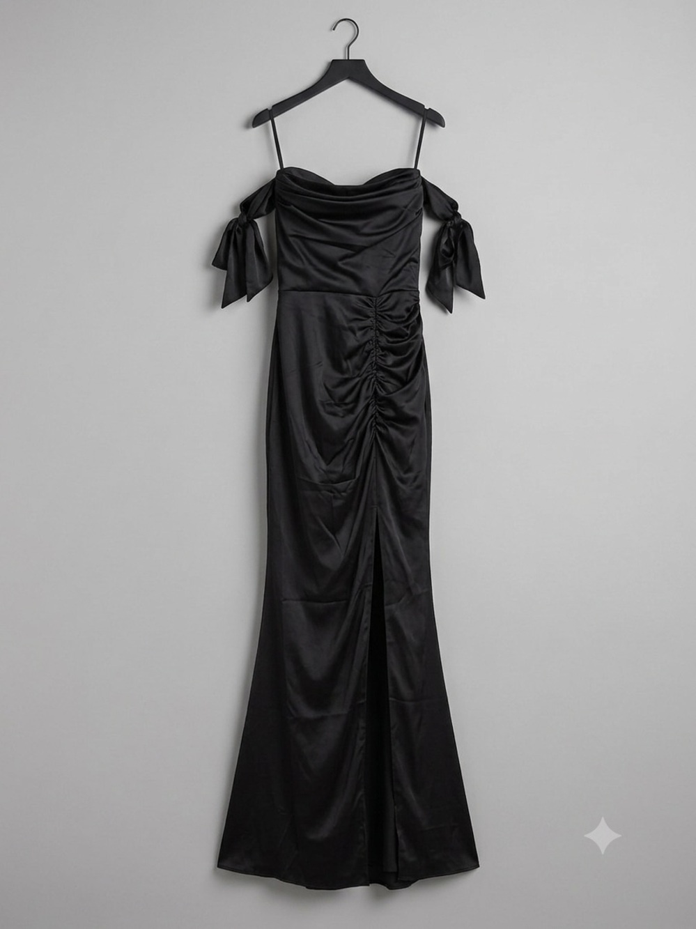 NWT Black Satin Off Shoulder Ruched Slit Evening Gown Maxi Lady of Night Size M